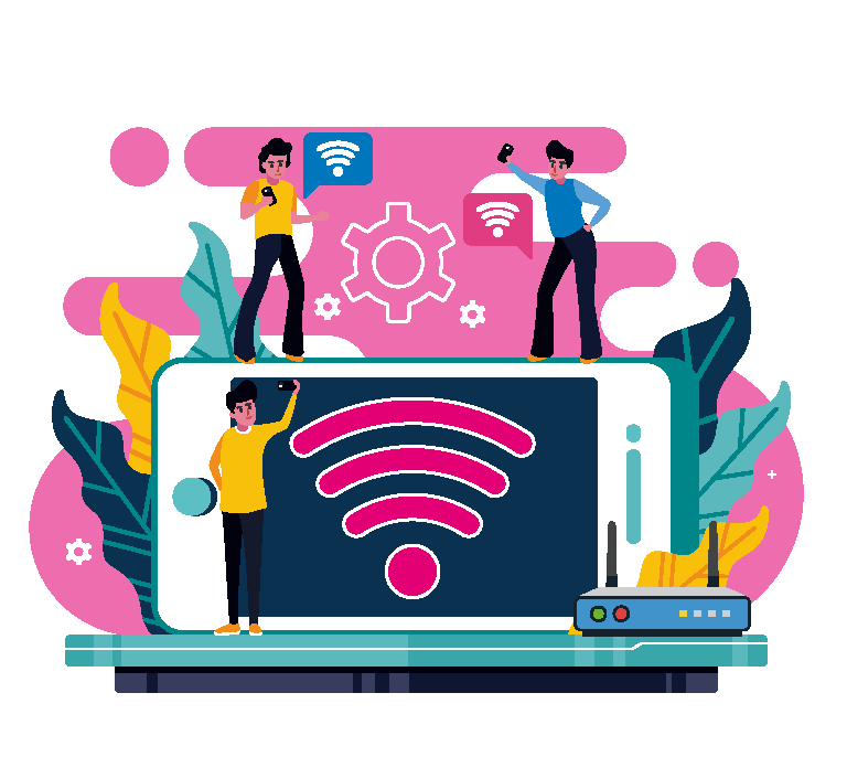Animated characters interact in a pink brand-themed setting, with a horizontally displayed mobile phone showing NBN signals and icons floating in the air.